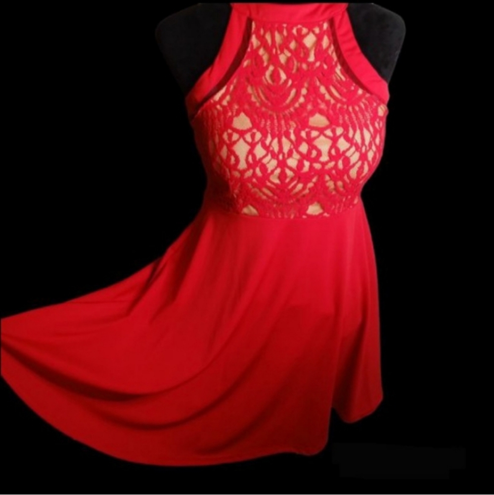 010 Lace Overlay A-line Sleeveless Halter Red Dress Sz. Medium